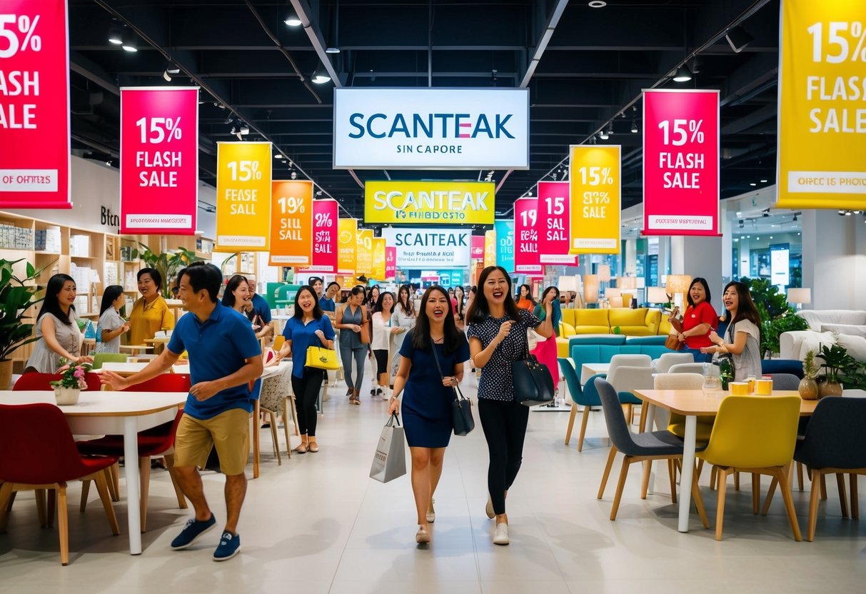A bustling furniture store with bright banners and excited shoppers during a 15% off flash sale at Scanteak in Singapore