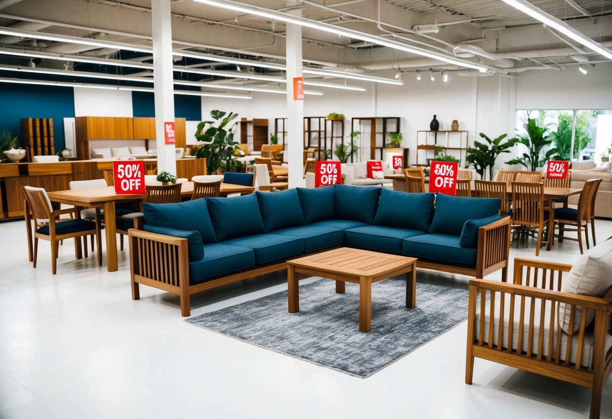 A bright, spacious furniture showroom filled with modern teak pieces, adorned with red "50% off" tags