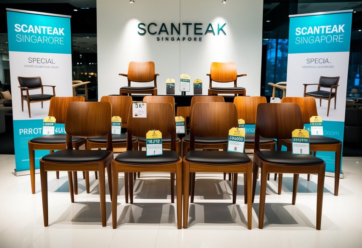 A showroom display of sleek teak chairs, adorned with special price tags, surrounded by promotional signage at Scanteak in Singapore