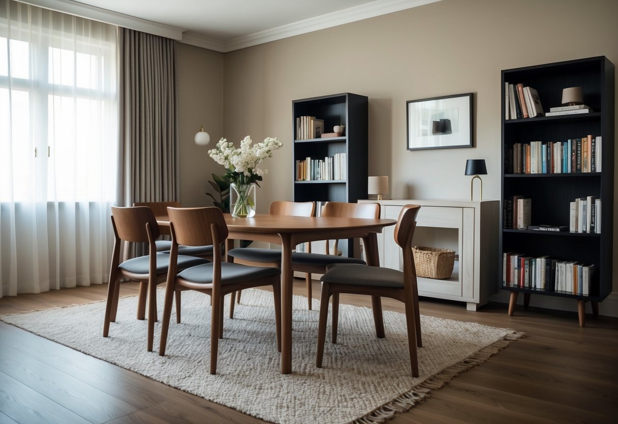 A cozy living room with Scanteak furniture, featuring a sleek wooden dining table, elegant chairs, and a stylish bookshelf