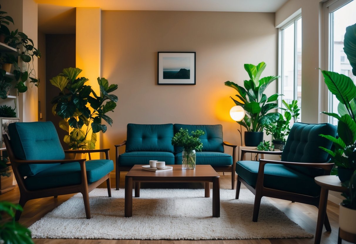 A cozy living room with a sleek Scanteak sofa and coffee table, surrounded by warm lighting and lush indoor plants