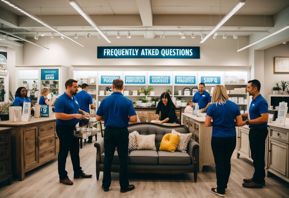A bustling furniture store with customers browsing promotions, staff assisting, and a prominent "Frequently Asked Questions" section