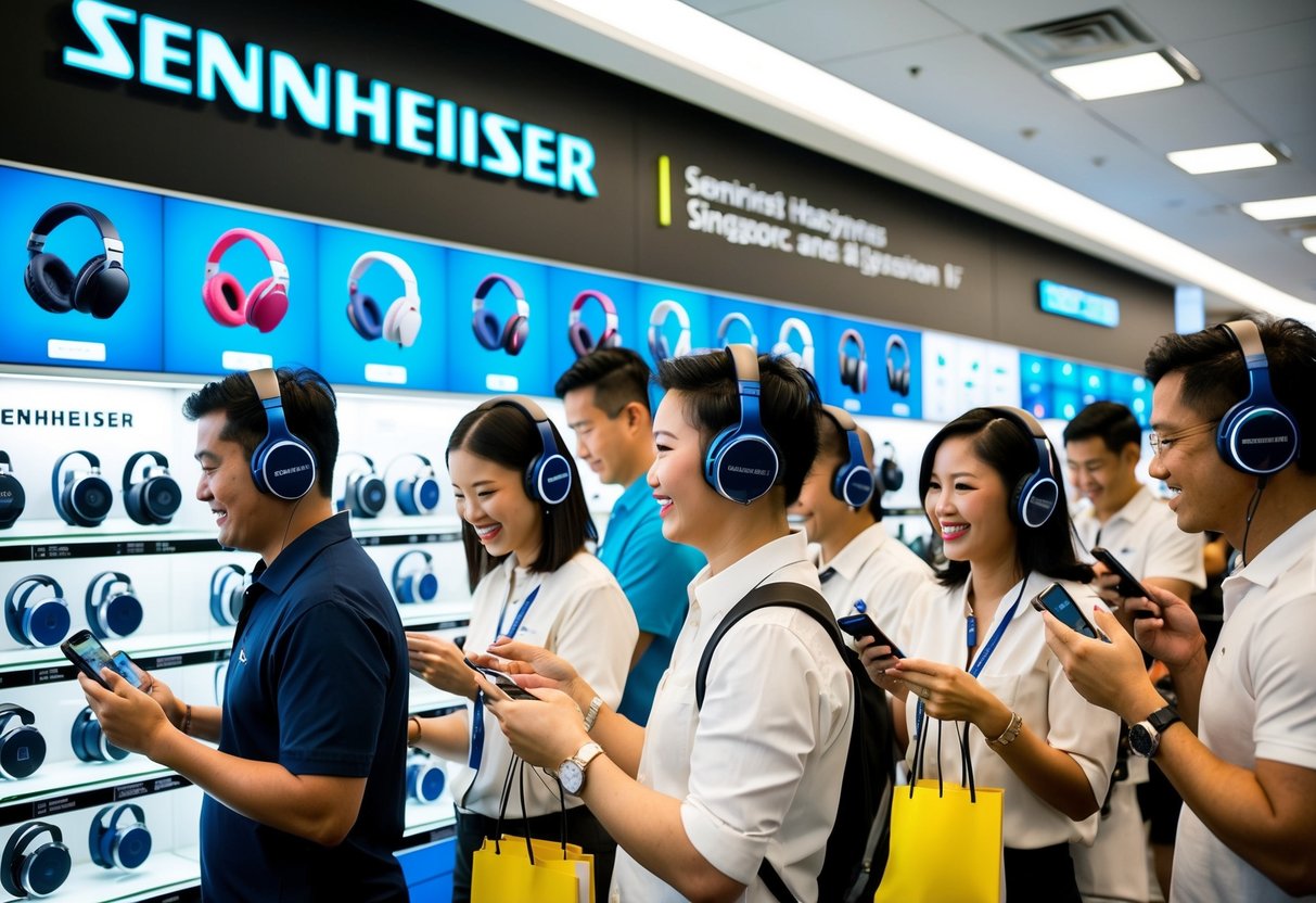 A bustling electronic store in Singapore showcases Sennheiser headphones with vibrant promotional displays and enthusiastic customers trying out the latest models