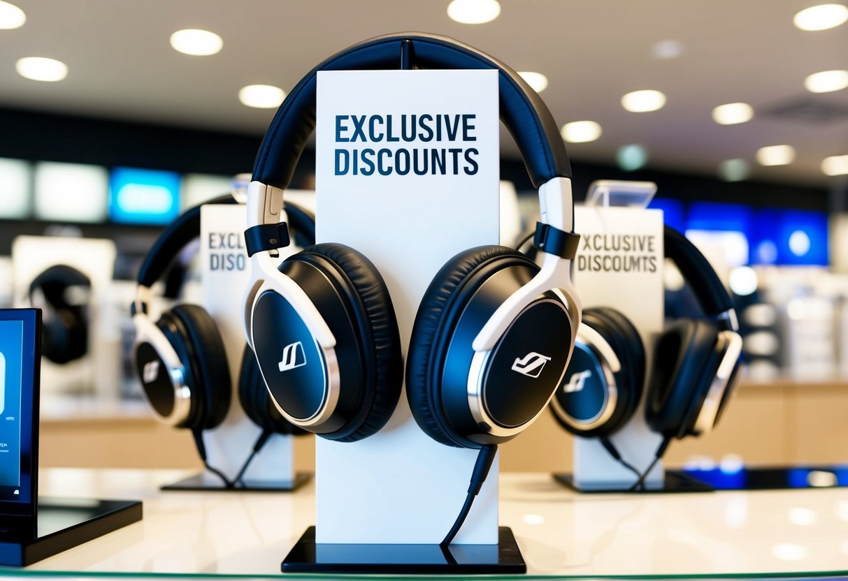 A display of Sennheiser headphones with "Exclusive Discounts" signage in a Singapore retail store