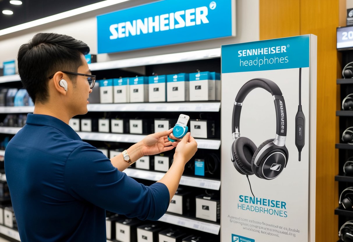 A person purchasing Sennheiser earbuds at a retail store in Singapore, with a promotional sign advertising a two-for-one deal on Sennheiser headphones displayed prominently