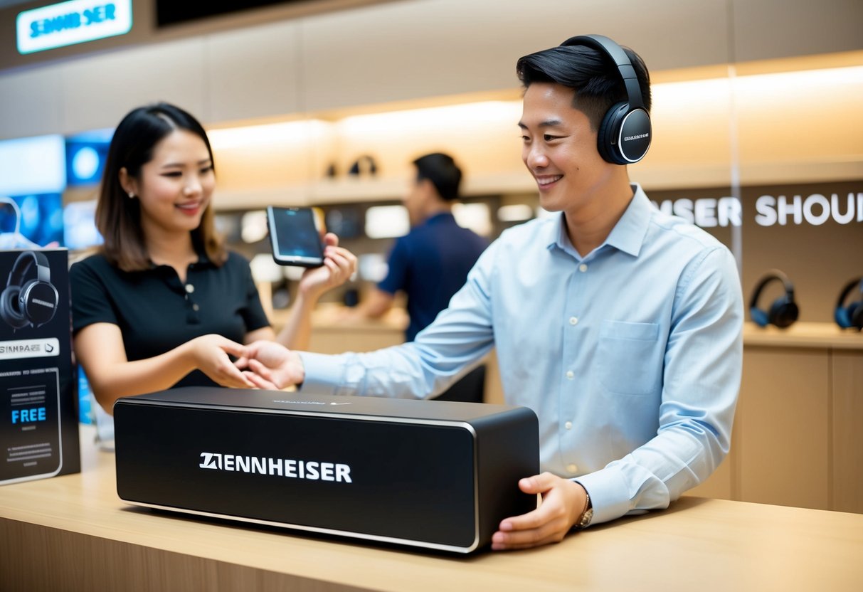A customer receiving a Sennheiser Soundbar as a free gift with their purchase of Sennheiser headphones in a Singapore store