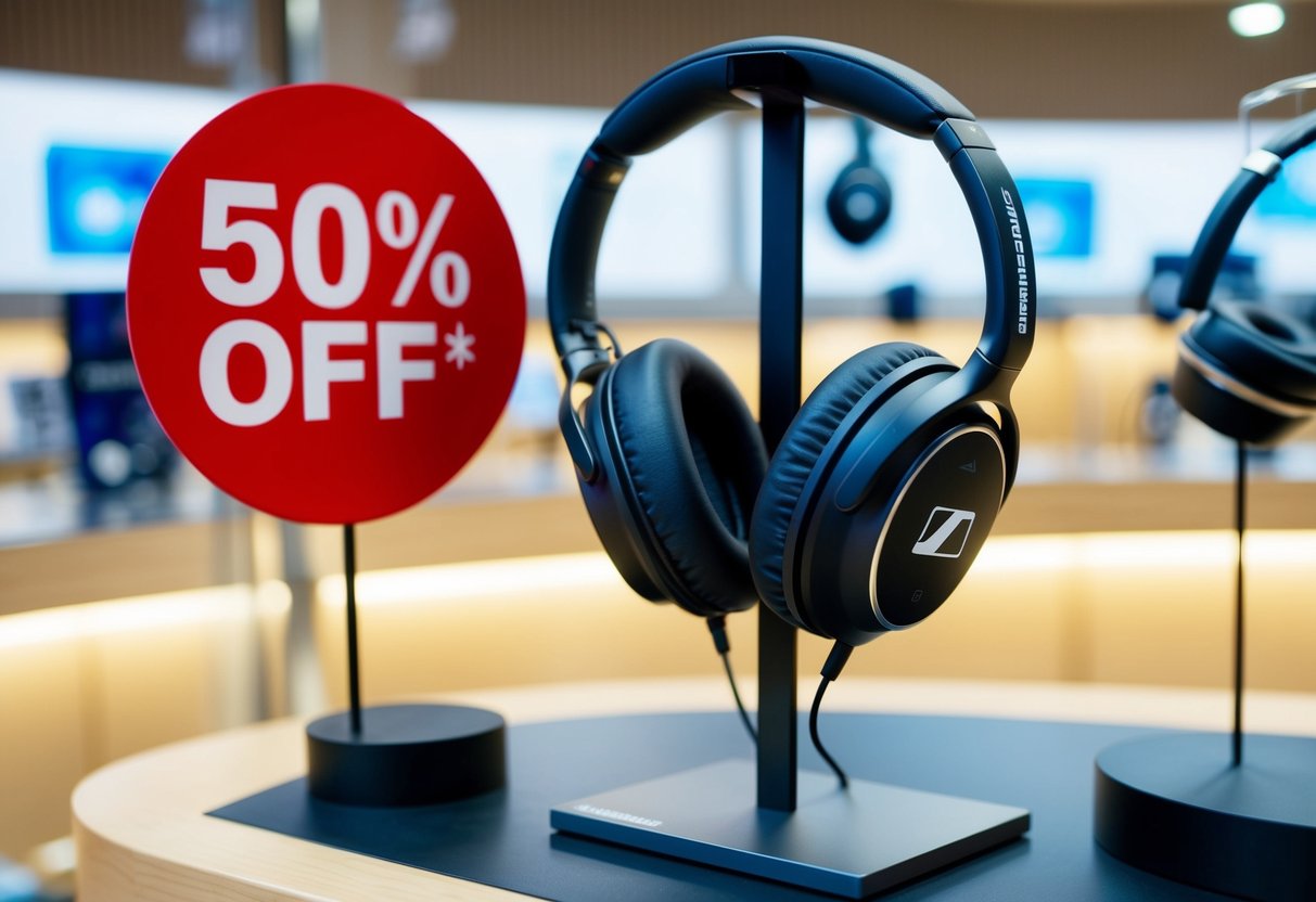 A pair of Sennheiser wireless headphones displayed with a prominent "Up to 50% off" sign in a Singapore electronics store