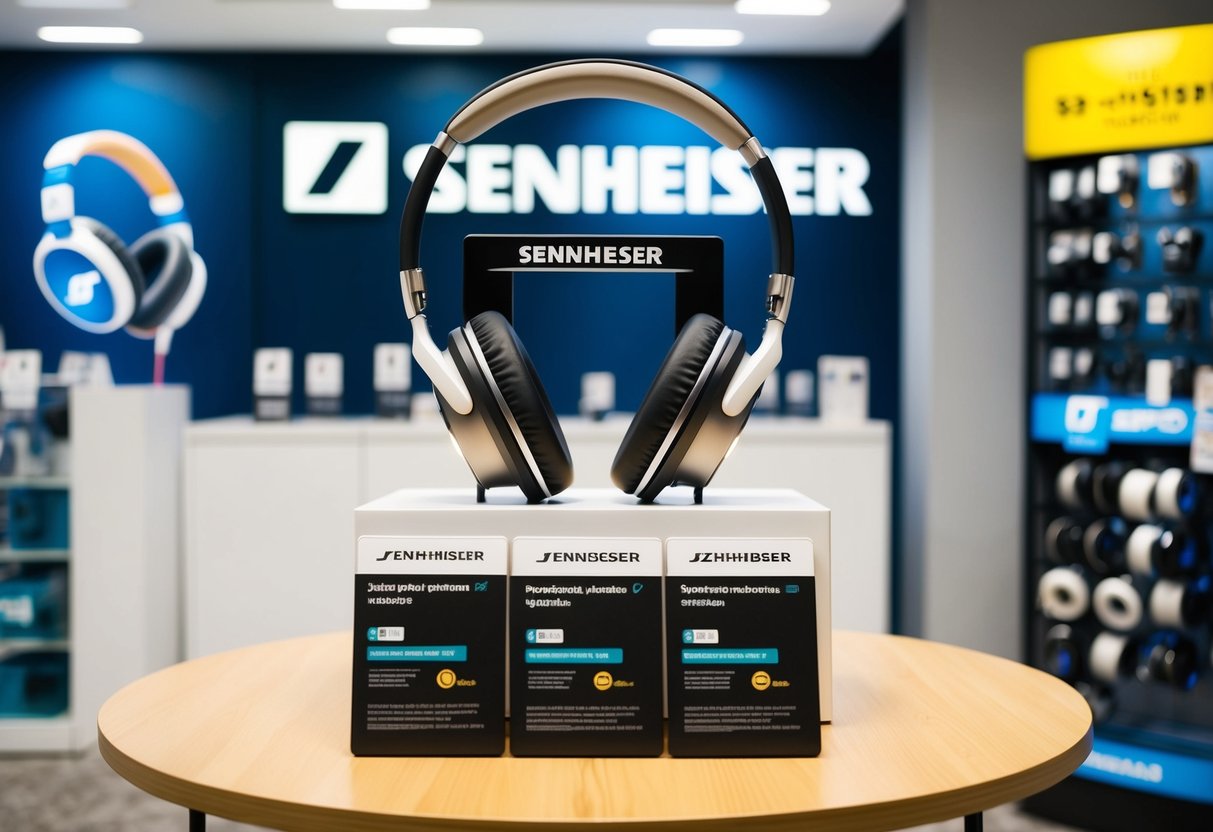 A table displaying Sennheiser headphones with promotional signage in a Singaporean electronics store