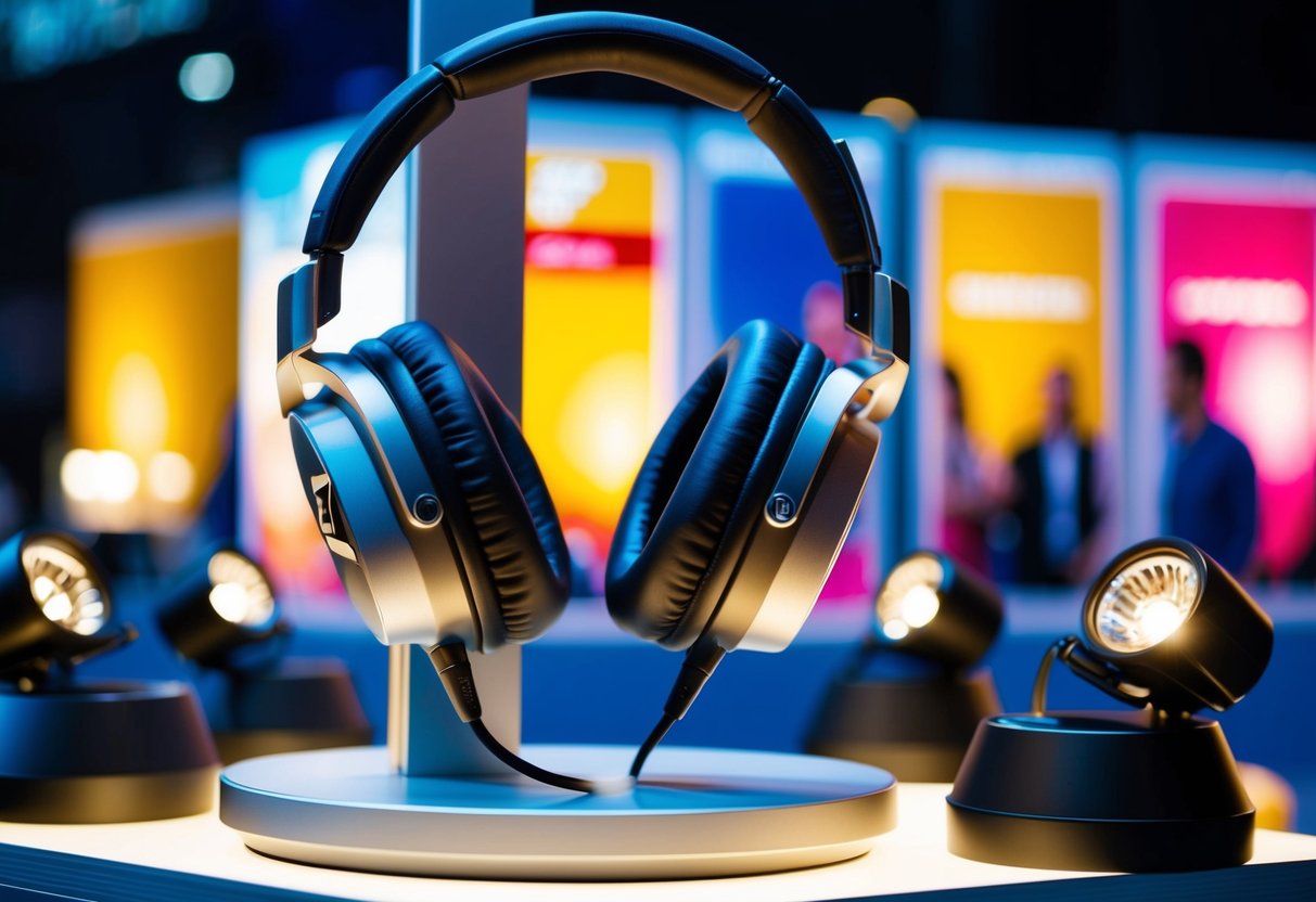 A pair of Sennheiser headphones displayed on a sleek, modern stand, surrounded by vibrant promotional materials and spotlights