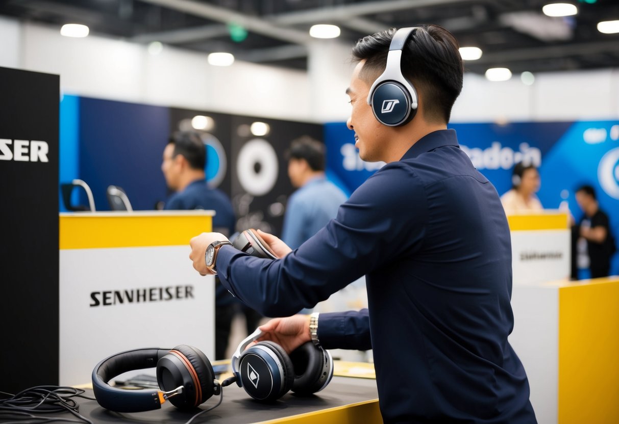 A person exchanging old headphones for new Sennheiser ones at a promotional trade-in event in Singapore