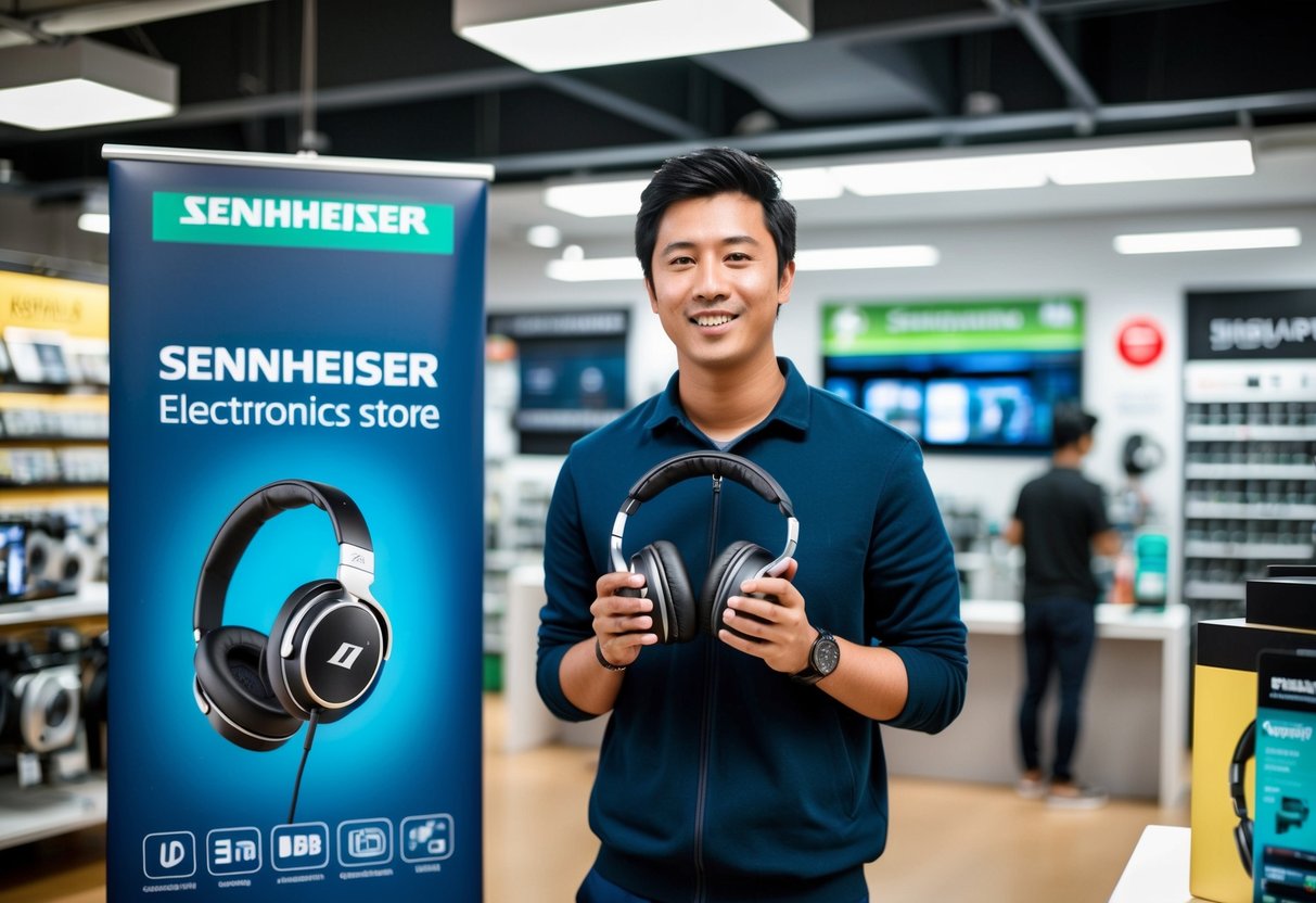 A student holding Sennheiser headphones while standing in front of a promotional banner in a Singapore electronics store