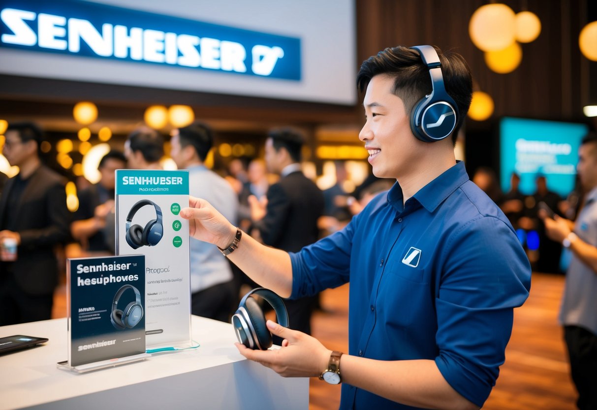 A person exchanging points for Sennheiser headphones at a promotional event in Singapore