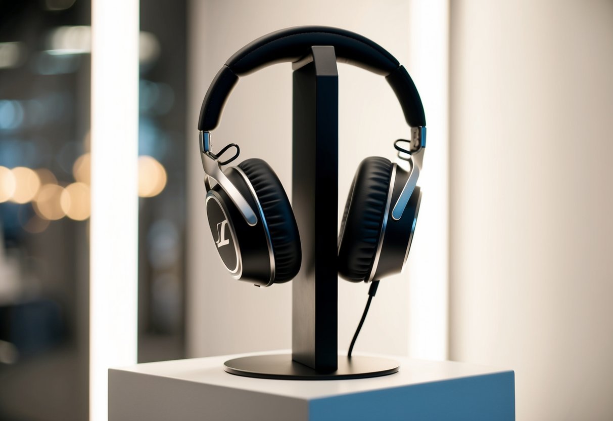 A sleek pair of Sennheiser headphones sits on a modern, minimalist display stand, surrounded by soft, diffused lighting to highlight the product's quality