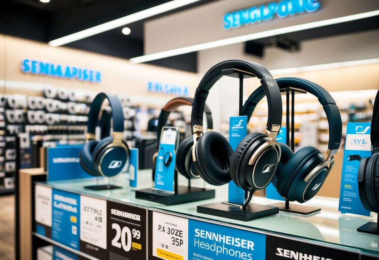A bustling electronics store in Singapore displays Sennheiser headphones with exclusive promotions