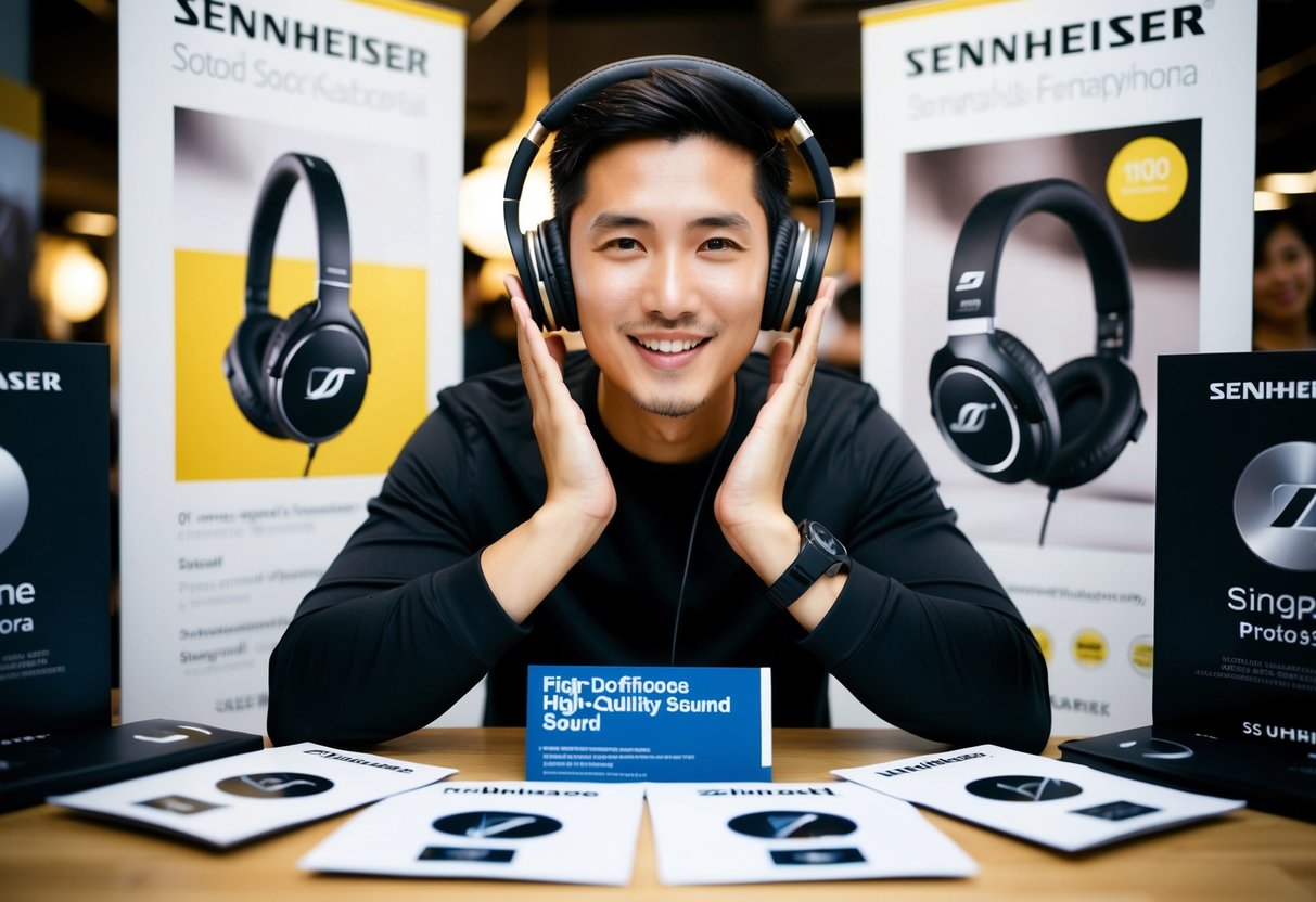 A person enjoying high-quality sound with Sennheiser headphones while surrounded by promotional materials in Singapore