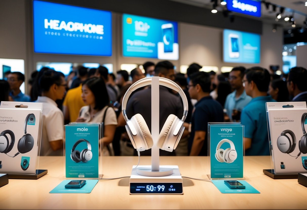 A sleek, modern headphone display surrounded by promotional materials and a crowd of customers in a bustling Singapore electronics store