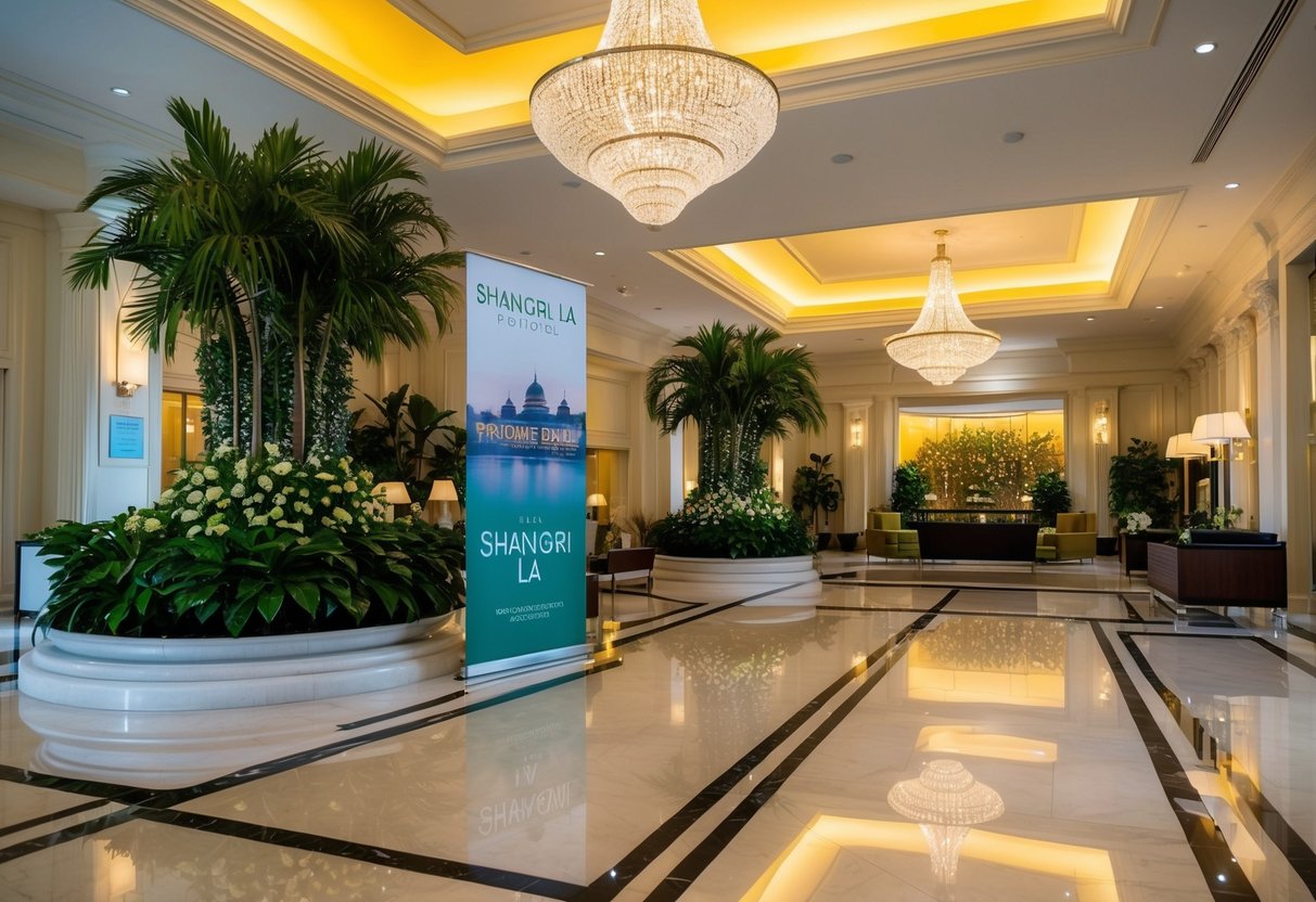 A grand, opulent hotel lobby in Singapore, adorned with lush greenery and elegant decor. A banner displays "Shangri La" promotions