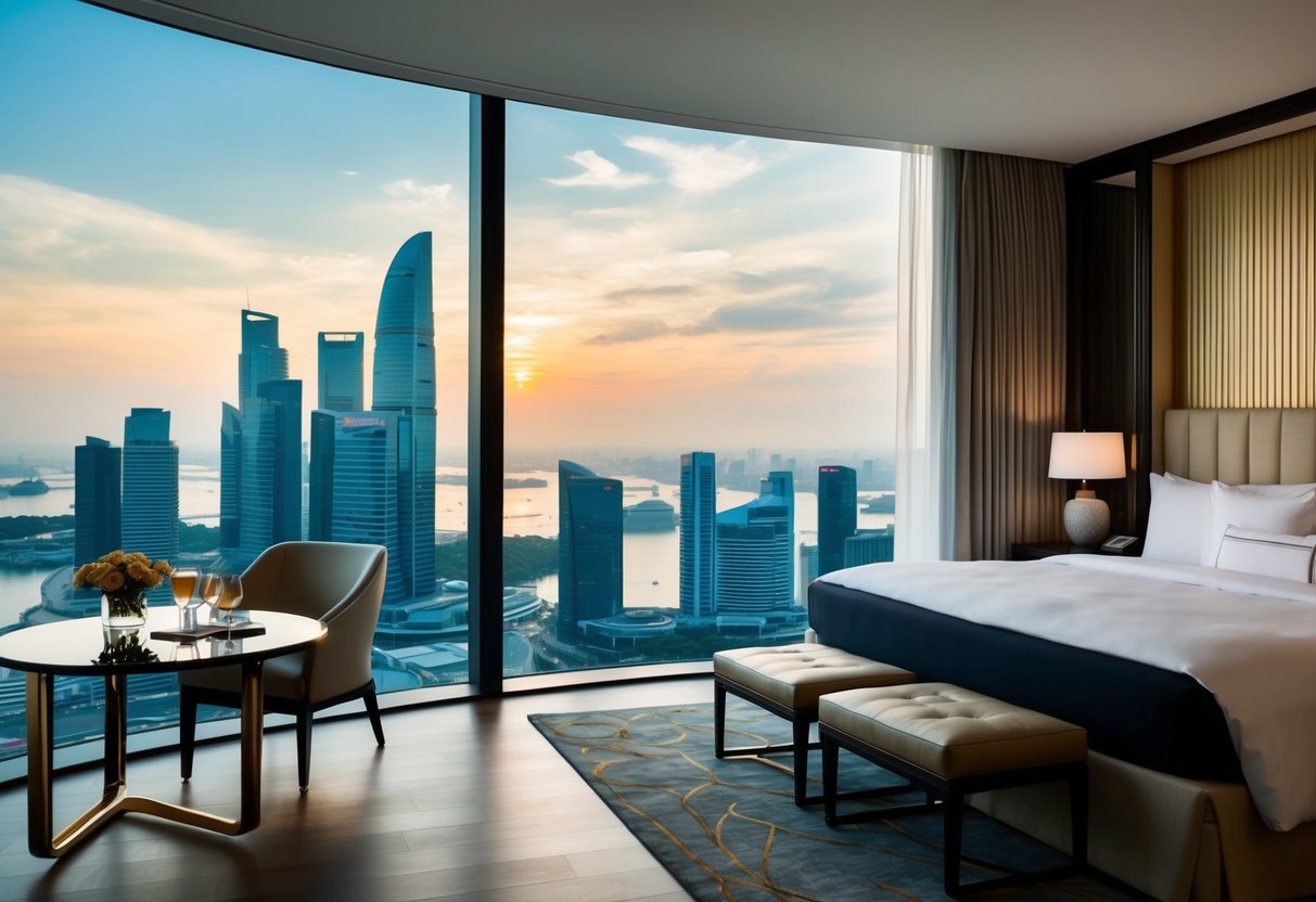 A luxurious hotel room with a view of the Singapore skyline, featuring exclusive perks for Golden Circle members