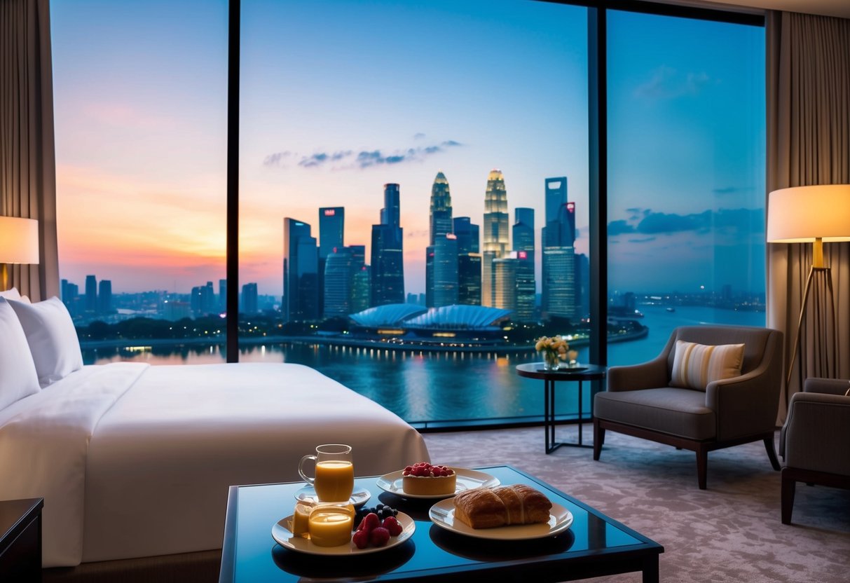 A luxurious hotel room with a cozy bed, breakfast spread, and a view of the Singapore skyline. Late checkout included