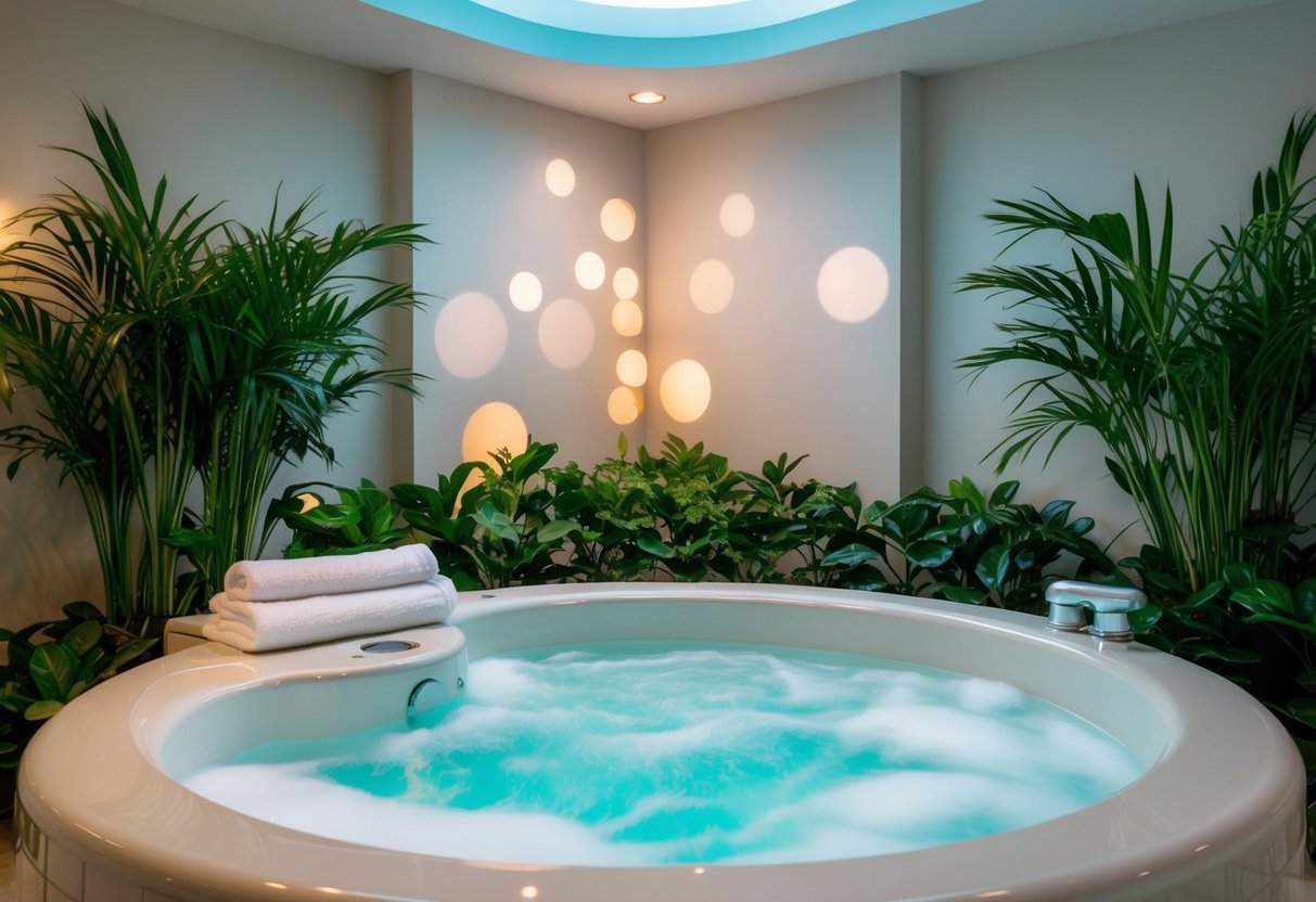 A serene spa room with soft lighting, plush towels, and a bubbling jacuzzi surrounded by lush greenery
