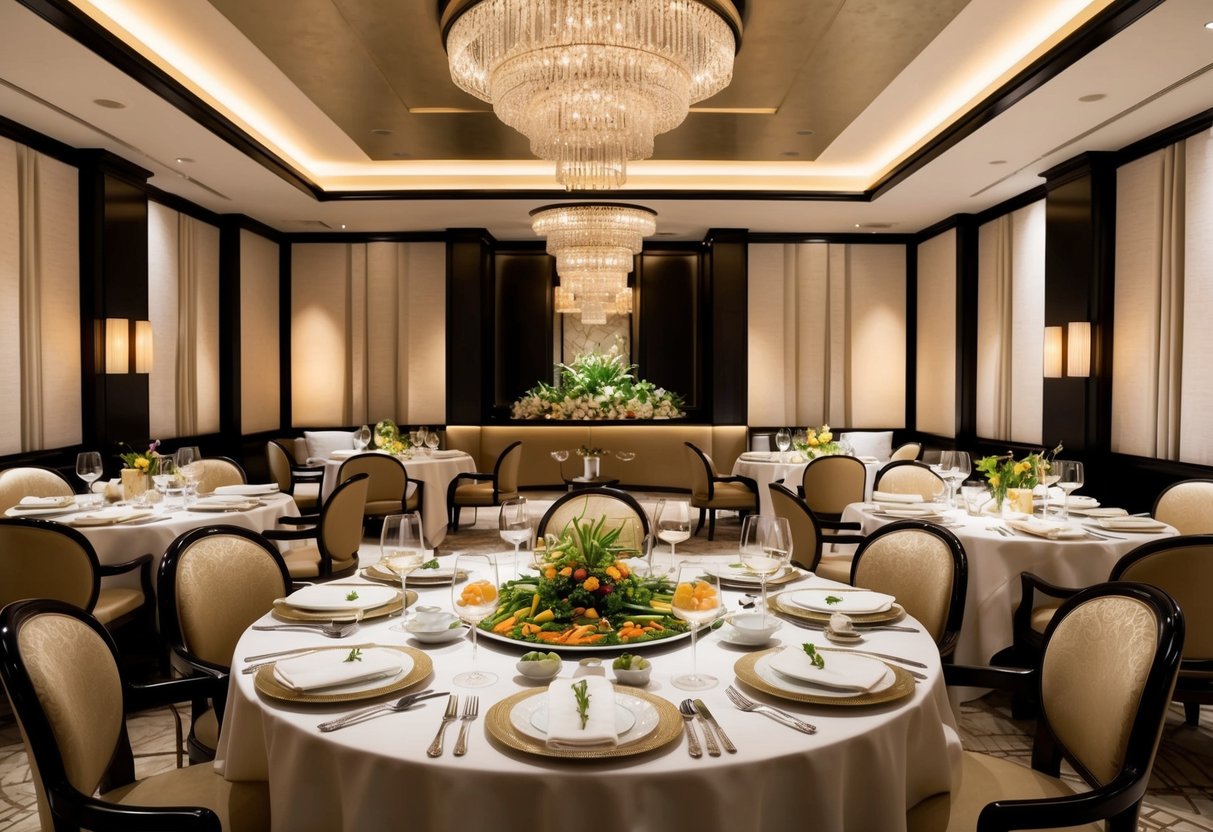 A luxurious dining experience at Shangri La, with elegant table settings and exquisite cuisine, surrounded by opulent decor and a sophisticated ambiance