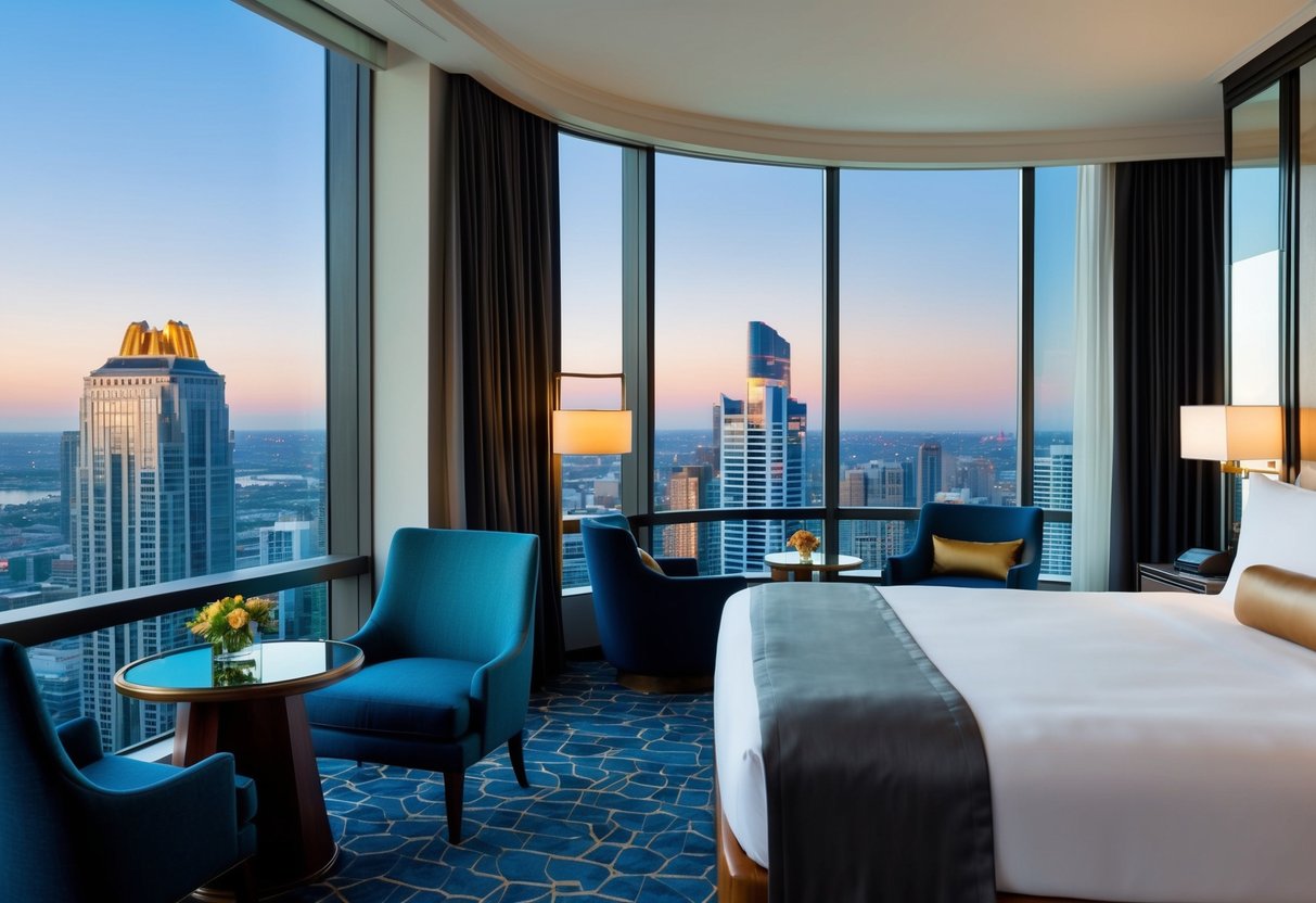 A luxurious hotel room with a city view, featuring modern decor, a comfortable bed, and access to an executive lounge