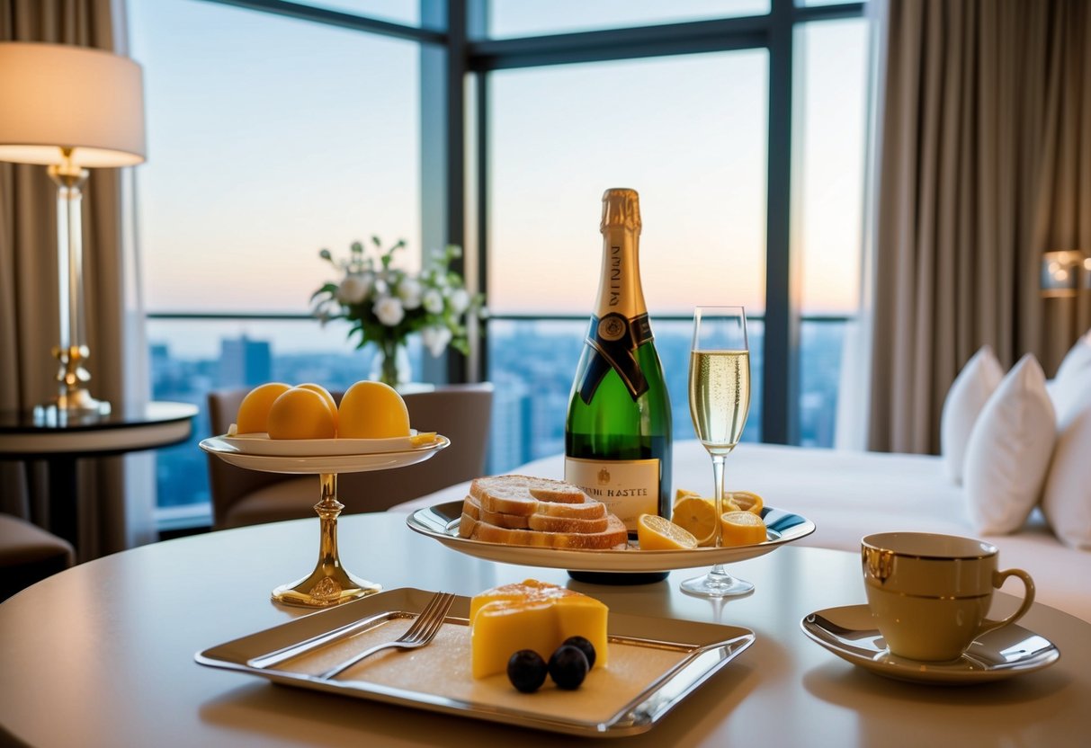 A luxurious hotel room with a bottle of champagne on ice and a beautifully set breakfast tray