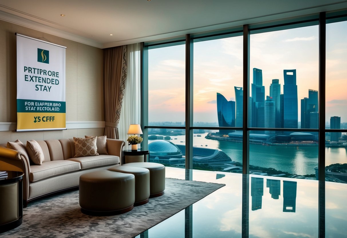 A lavish hotel room with elegant furnishings and a view of the Singapore skyline, with a promotional banner for extended stay discounts