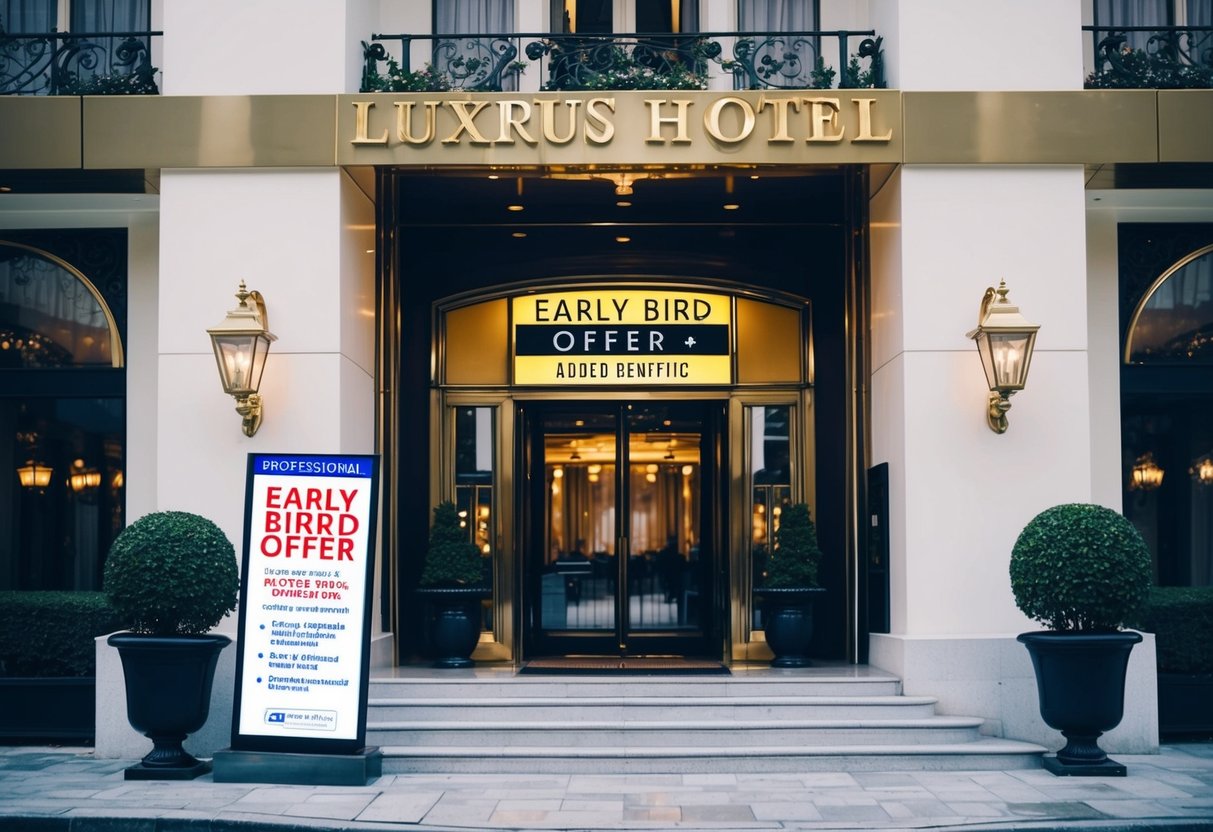 A luxurious hotel with a grand entrance and a sign advertising "Early Bird Offer" with added benefits