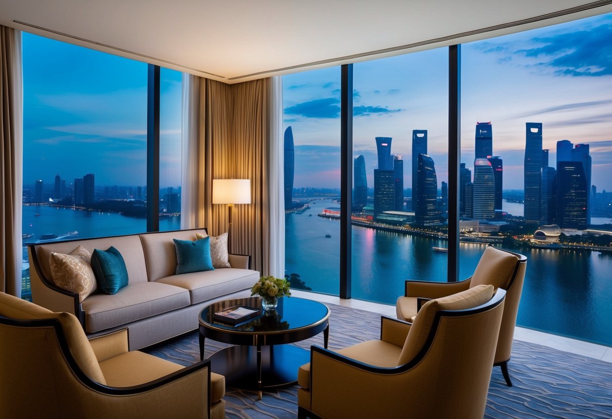 A luxurious suite at Shangri La Singapore, with elegant furnishings and a breathtaking city view