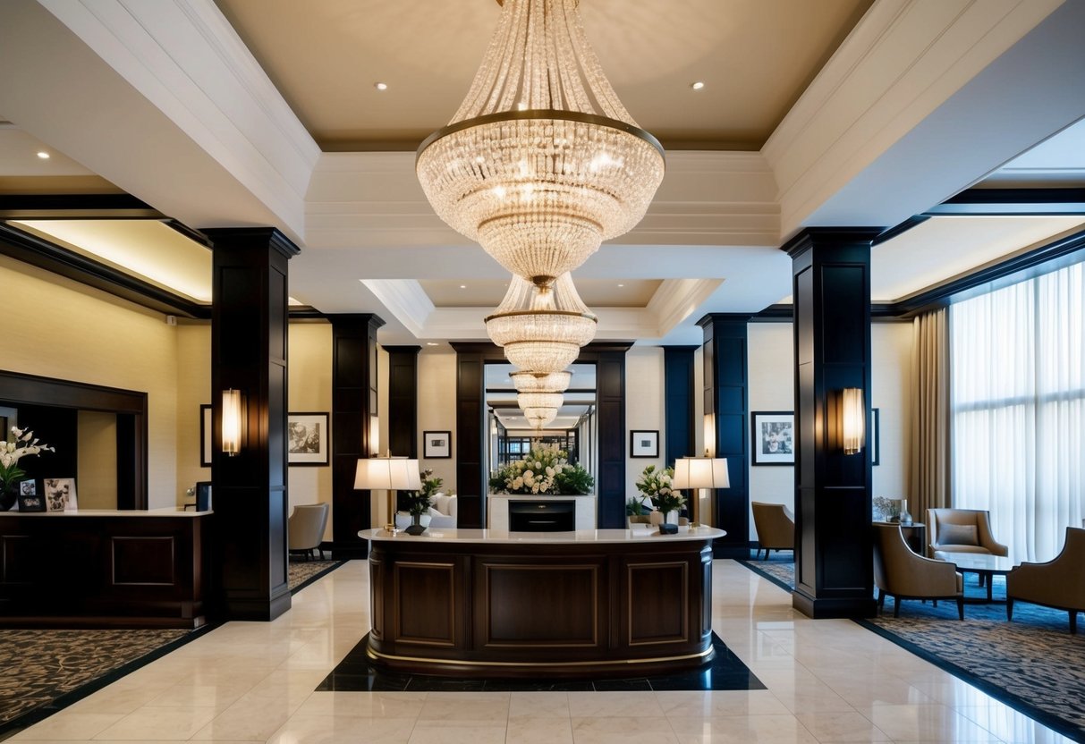 A luxurious hotel lobby with elegant decor, a grand chandelier, and a concierge desk. Guests enjoy exclusive amenities and promotions