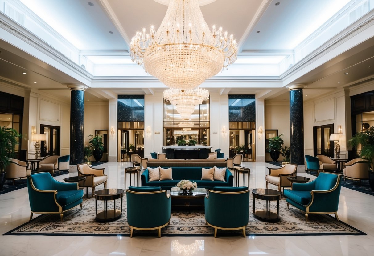 A grand, opulent hotel lobby with elegant furnishings and a sparkling chandelier, exuding luxury and sophistication