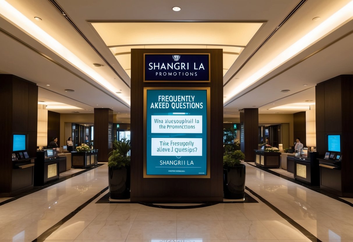 A bustling luxury hotel lobby in Singapore, with a prominent "Frequently Asked Questions" display showcasing Shangri La promotions