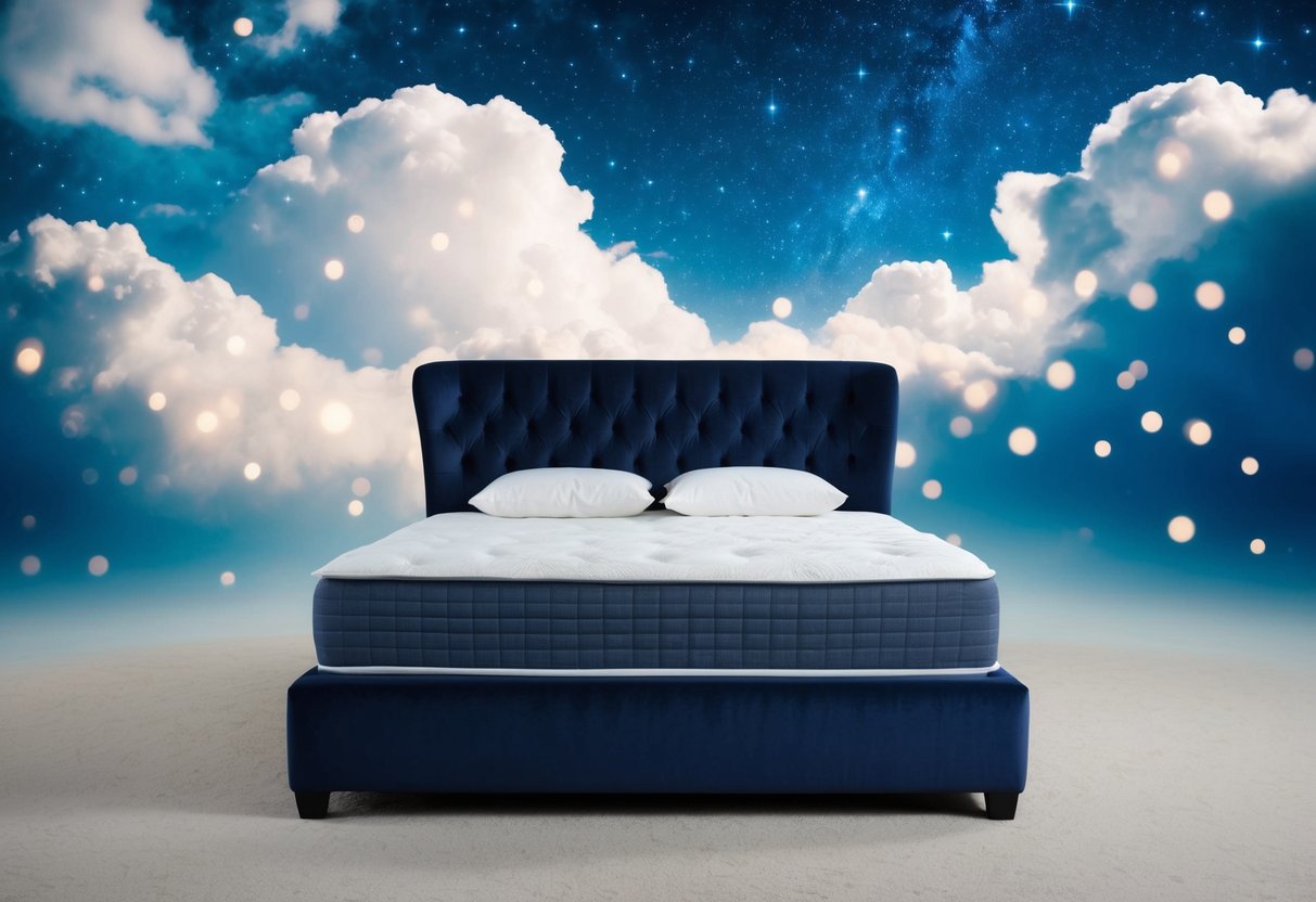 A cozy bedroom with a plush mattress in the center, surrounded by dreamy clouds and twinkling stars