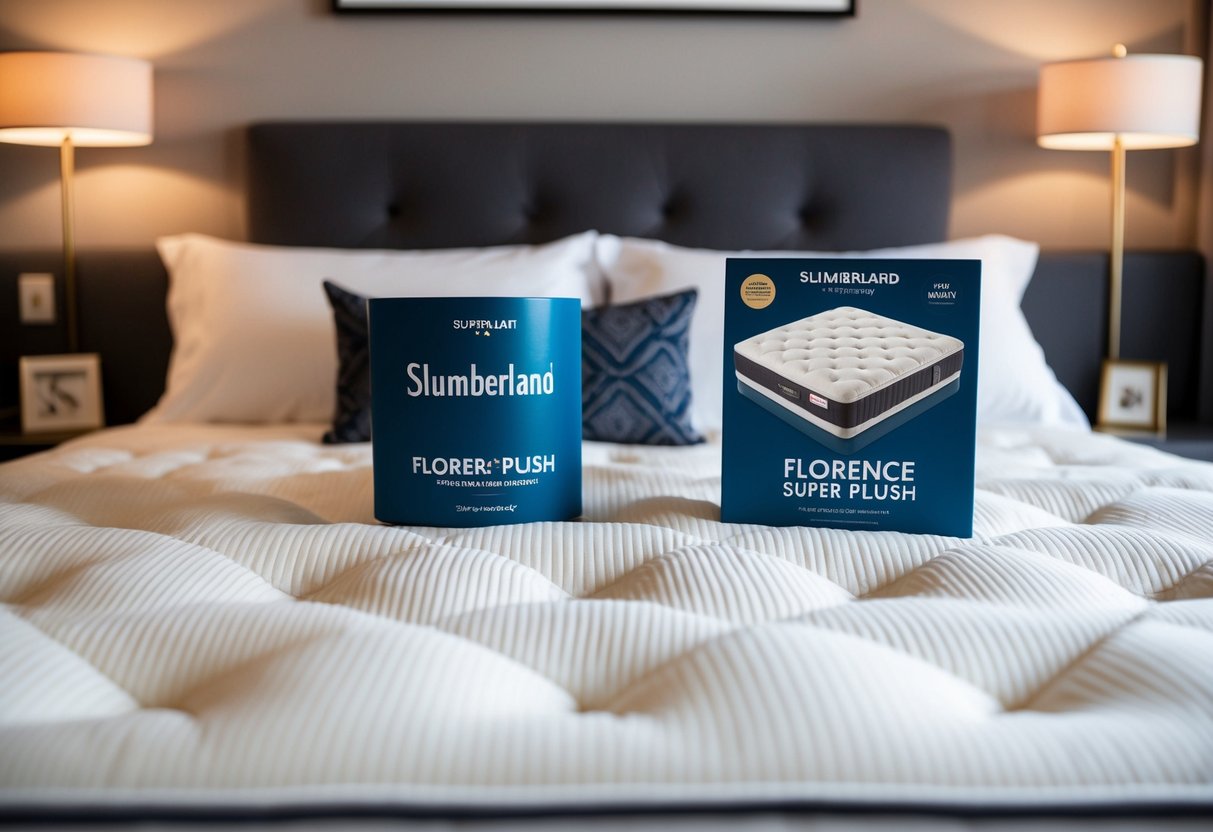A cozy bedroom with a plush Slumberland mattress, featuring promotional materials for the Florence Super Plush line in Singapore