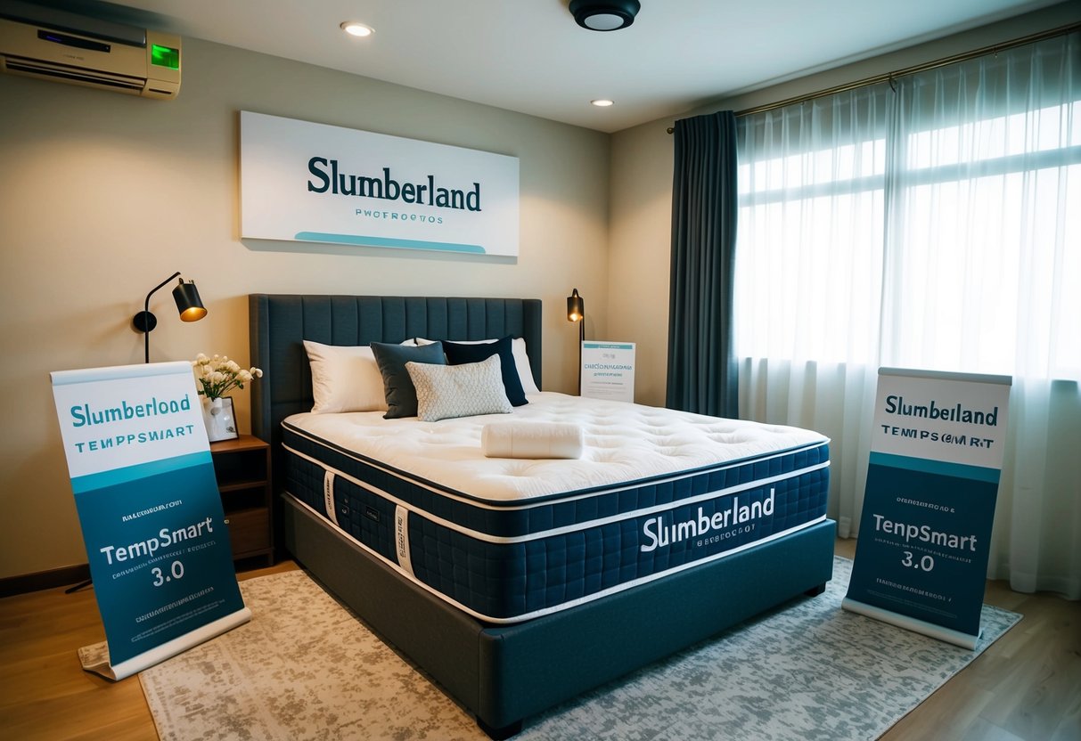 A cozy bedroom with a Slumberland TempSmart 3.0 mattress set up, surrounded by promotional materials, in a Singaporean home
