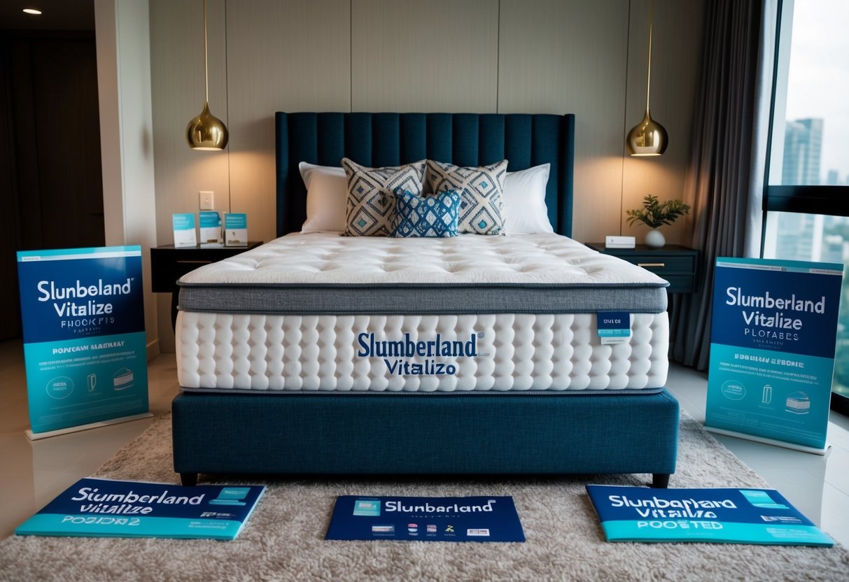 A cozy bedroom with a plush Slumberland Vitalize Pocketed mattress, surrounded by promotional materials, set in a modern Singaporean home
