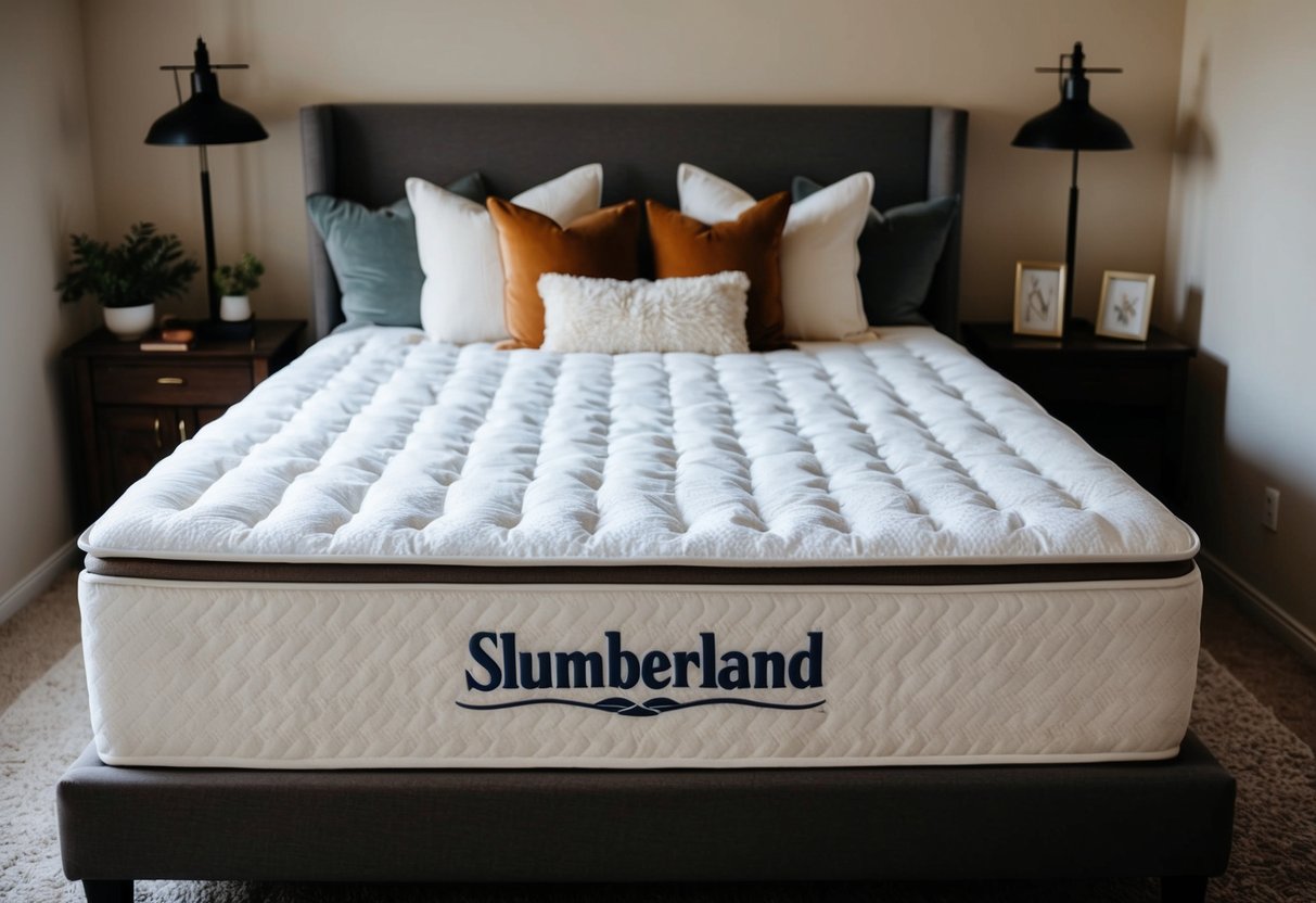 A cozy bedroom with a plush Slumberland mattress as the focal point, surrounded by soft, inviting pillows and a warm, inviting atmosphere