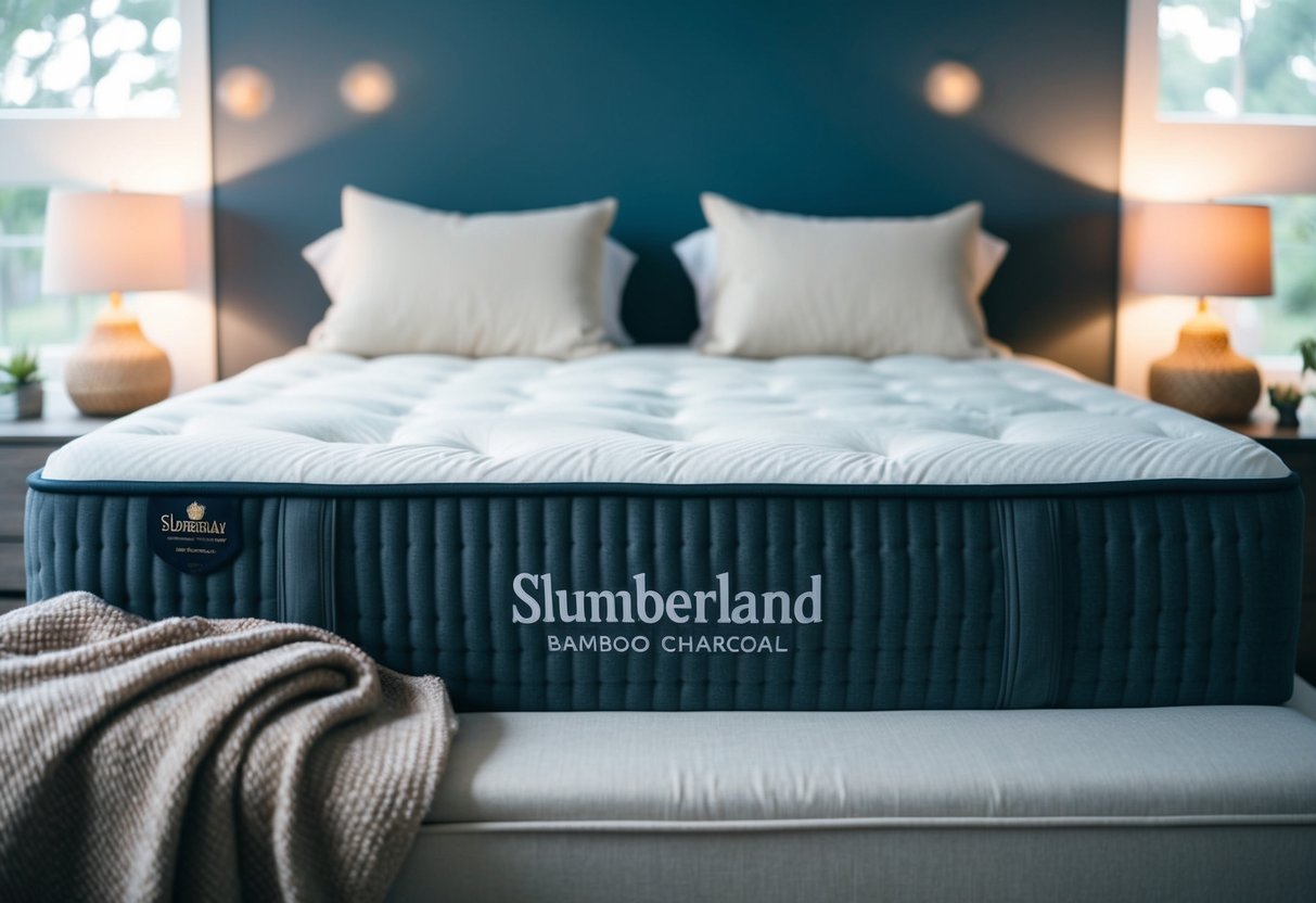A serene bedroom with a Slumberland Bamboo Charcoal Mattress as the focal point, surrounded by soft, inviting pillows and a cozy blanket