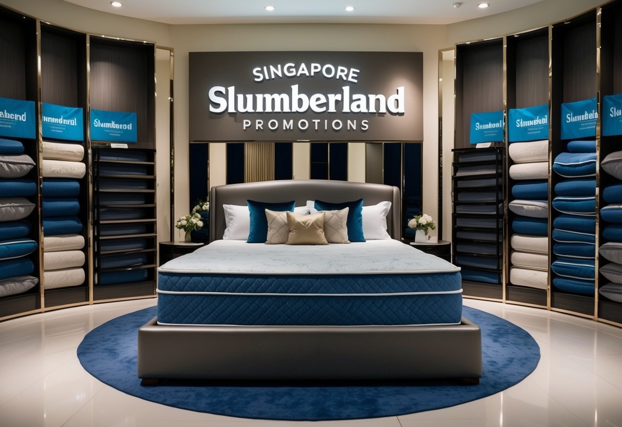 A luxurious bedframe surrounded by bundled mattresses, displayed in a sleek showroom at Slumberland promotions in Singapore
