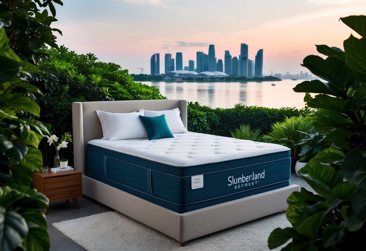 A tranquil bedroom with a plush Slumberland EcoRest mattress, surrounded by lush greenery and a serene Singaporean skyline