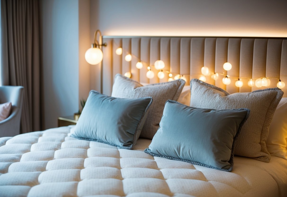 A cozy bedroom with a plush mattress and pillows, surrounded by soft ambient lighting and a serene atmosphere