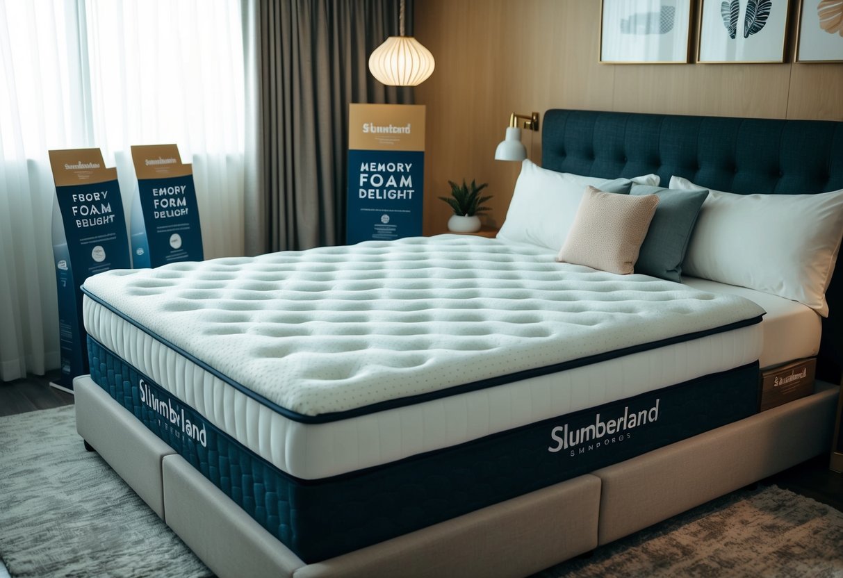 A cozy bedroom with a Slumberland Memory Foam Delight mattress, surrounded by promotional materials in Singapore