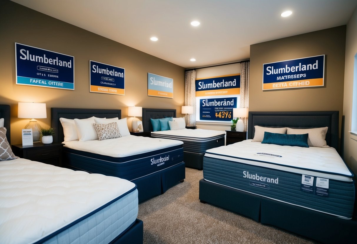 A cozy bedroom with a variety of Slumberland mattresses on display, showcasing different sizes and styles. Bright promotional signs highlight special offers