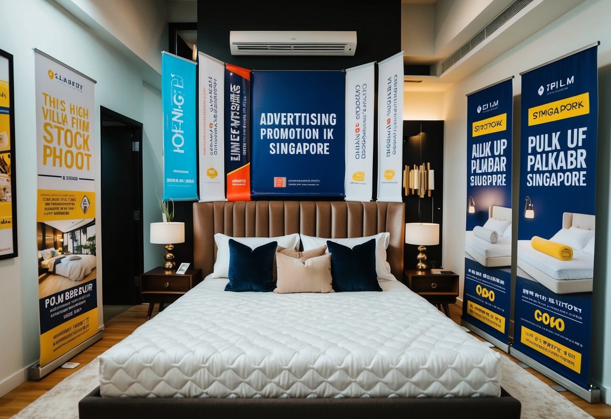 A cozy bedroom with a plush mattress and pillows, surrounded by banners and signs advertising promotions in Singapore