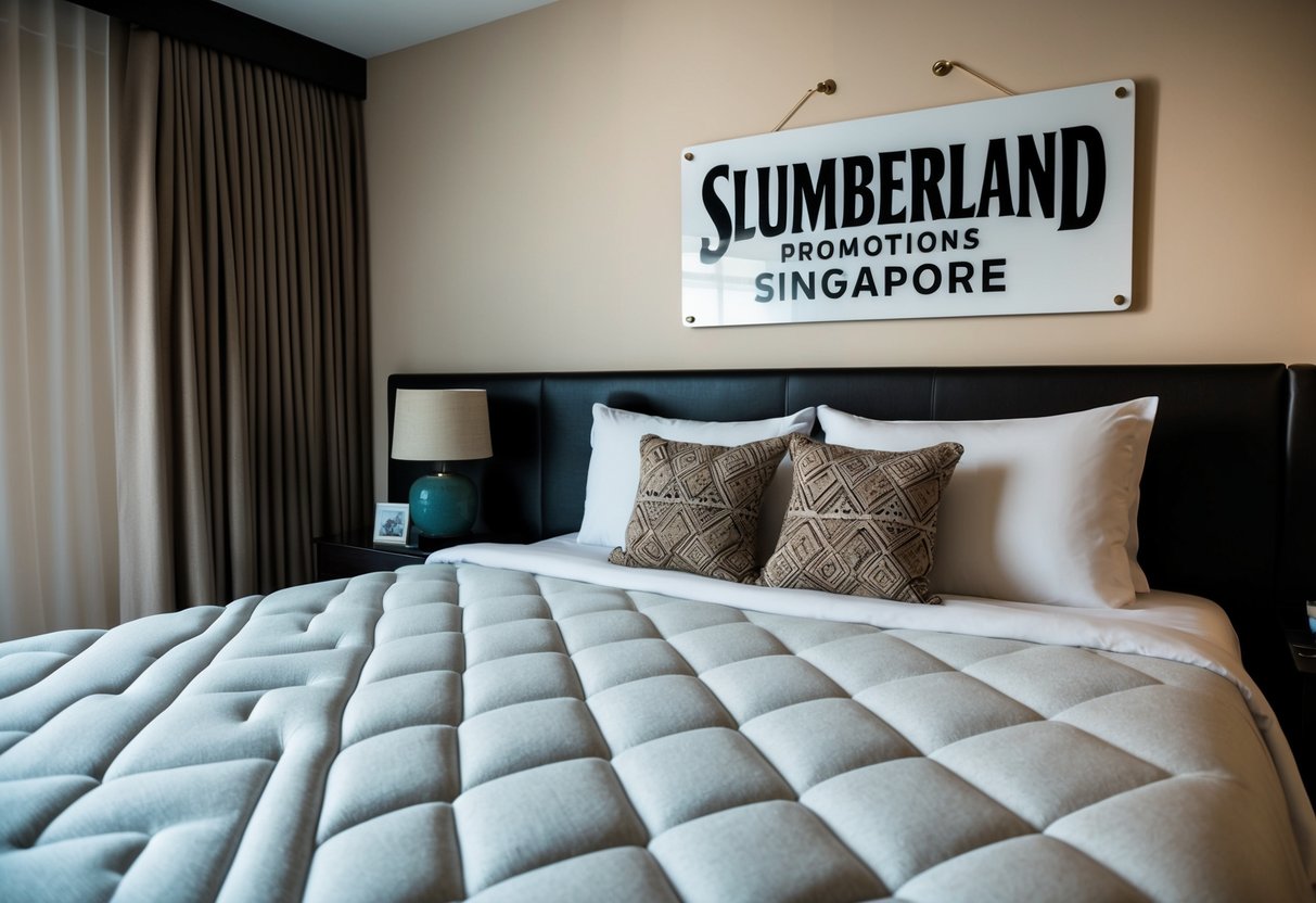 A cozy bedroom with a plush mattress and a sign promoting Slumberland promotions in Singapore