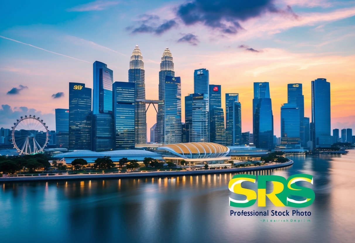 A vibrant cityscape with iconic Singapore landmarks and financial symbols, featuring the SRS logo and promotional materials