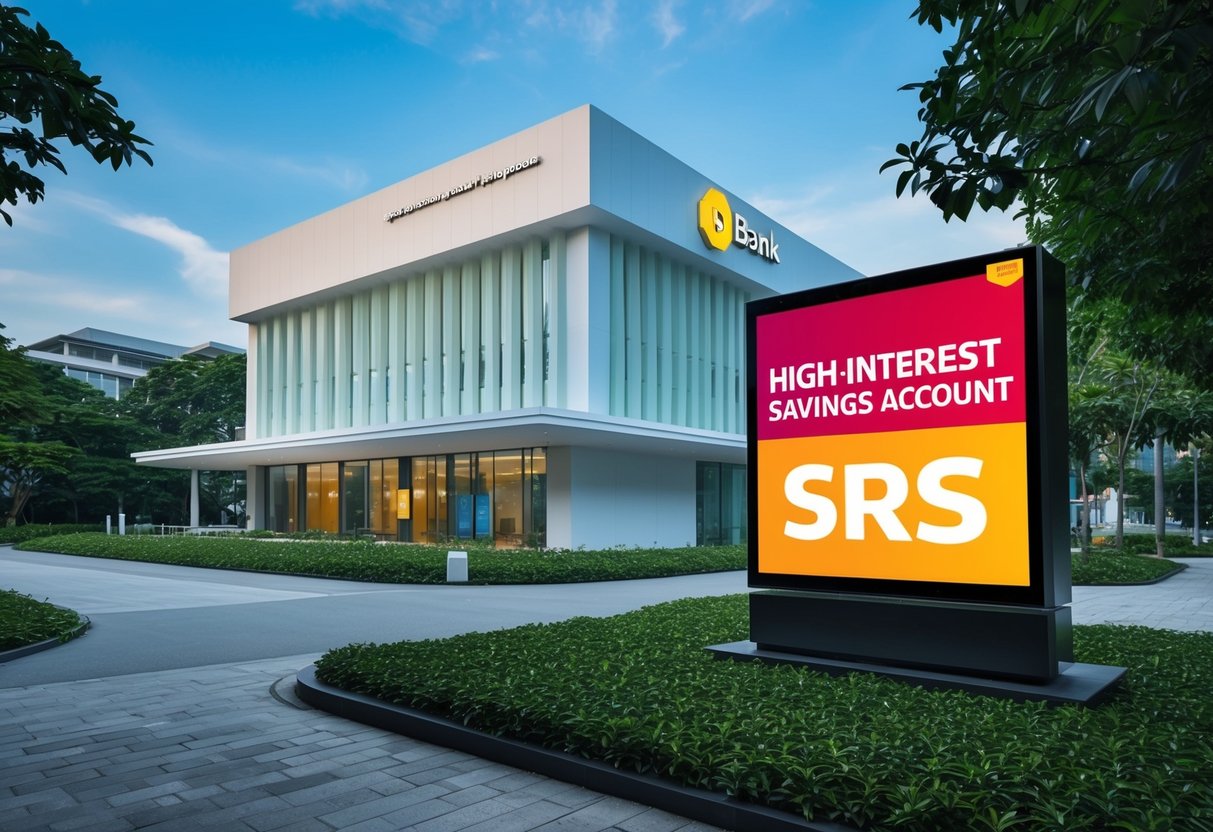 A serene, modern bank building with a prominent "High-Interest Savings Account srs" promotion displayed on a digital screen. Surrounding area reflects Singaporean architecture and greenery