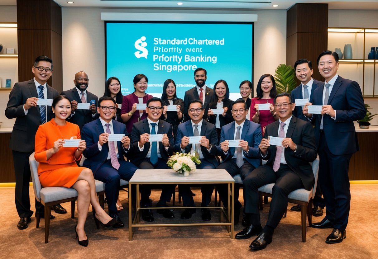 A group of diverse individuals enjoying exclusive benefits and promotions at a Standard Chartered Priority Banking event in Singapore
