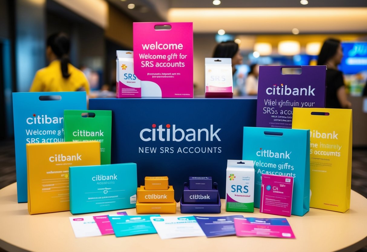 A colorful display of welcome gifts and promotional materials for Citibank's new SRS accounts in Singapore